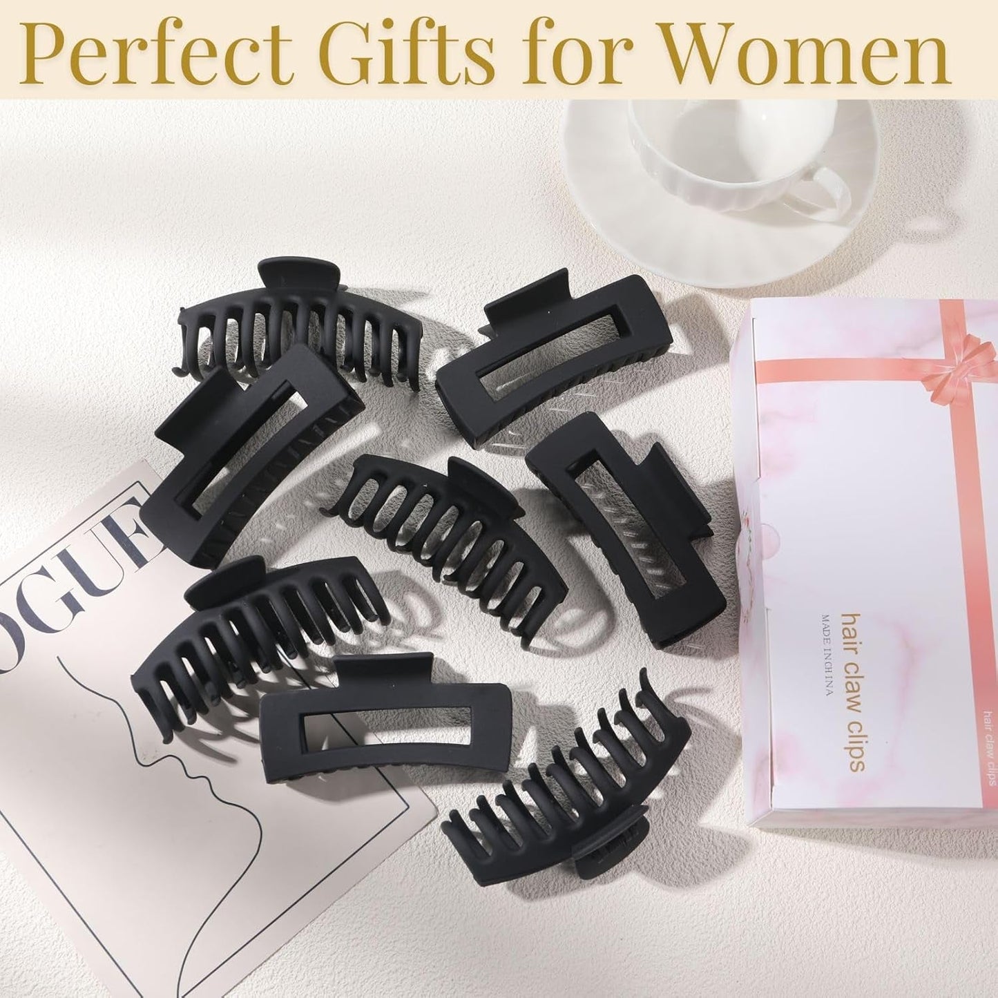Black Hair Clips for Women -8 Pack 4.3 Inch Large Hair Claw Clips for Women Thin Thick Curly Hair, Big Matte Banana Clips,Strong Hold Jaw Clips