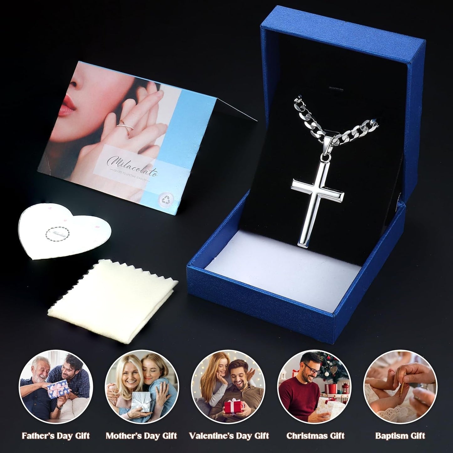 925 Sterling Silver Cross Necklace for Men Women - 5Mm Durable 316L Stainless Steel Cuban Link Curb Chain with Beveled Edge Cross Pendant, Silver Crucifix Necklaces Jewelry, 18-30'' Christian Baptism Gift