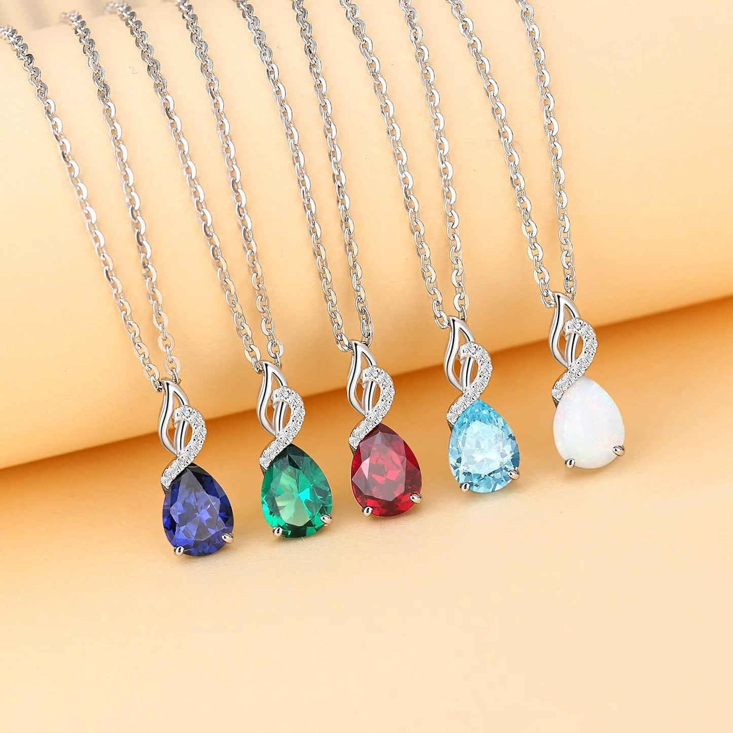 14K Solid White Gold Teardrop Pendant with Diamond Birthstone Necklace Birthday Gifts for Mom Women, Sterling Silver Chain 16" + 2" Extender