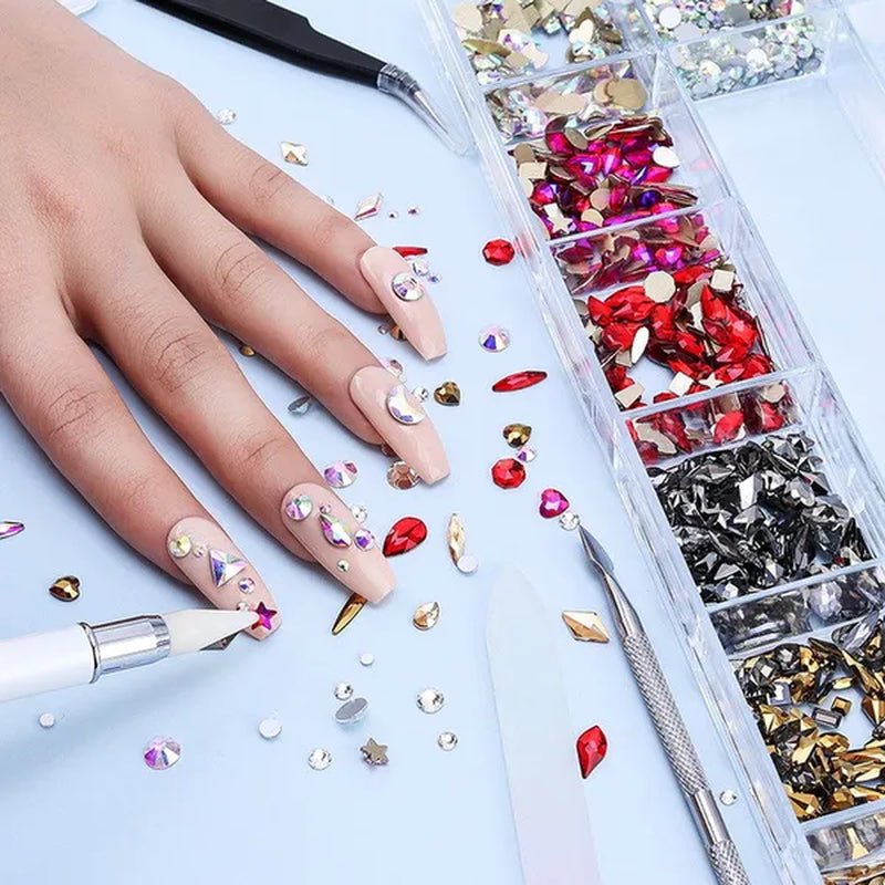 3830Pcs/Box Mixed AB Glass Crystal Diamond In Grids 21 Shape And SS6-SS20 Flatback Nail Art Rhinestone Set With 1 Pick Up Pen