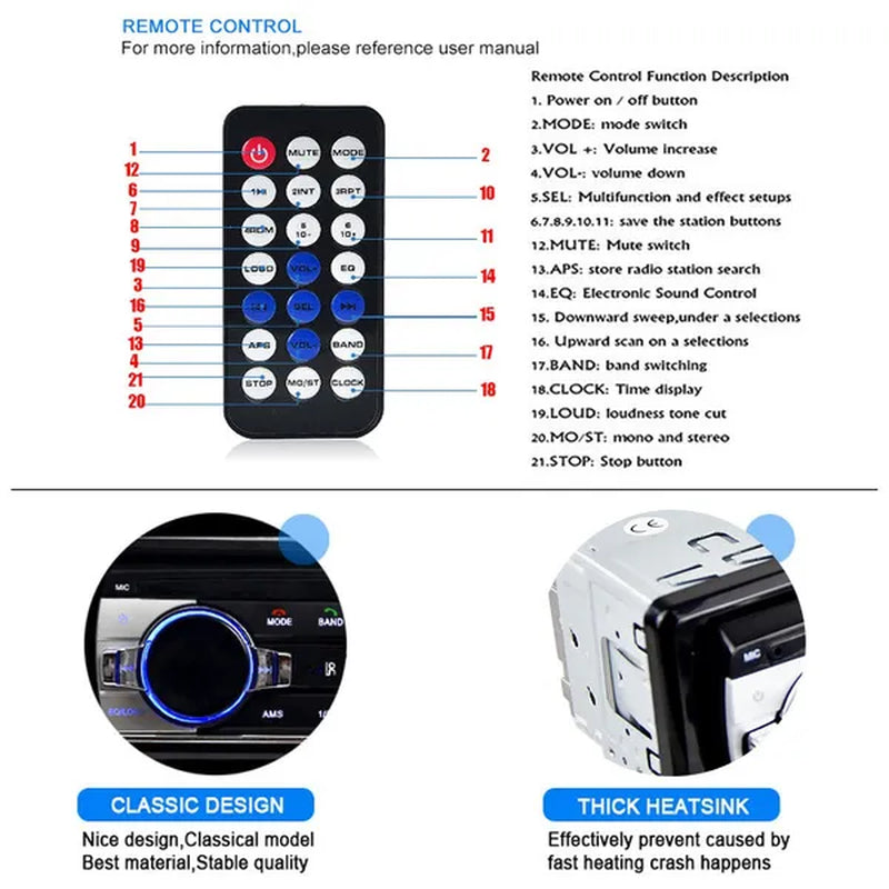 1DIN In-Dash Car Radio Stereo Remote Control Digital Bluetooth Audio Music Stereo 12V Car Radio USB/SD/AUX-IN Mp3 Player