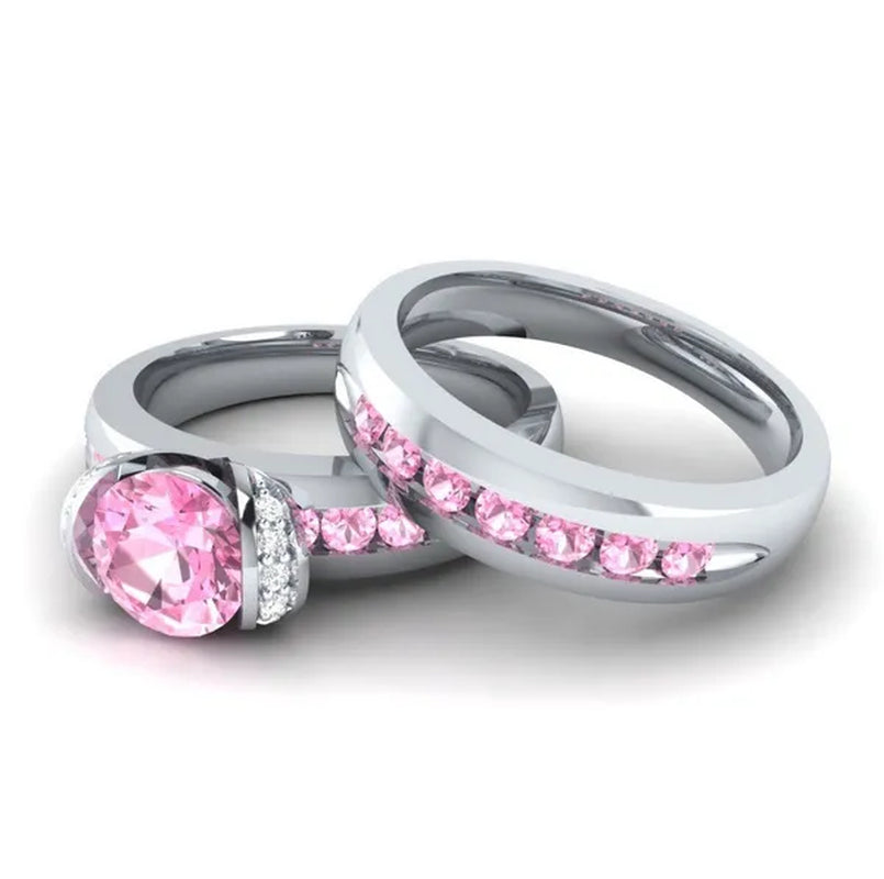 Natural Pink Sapphire & Diamond Round Cut Engagement Wedding 18 K White Gold Filled Ring