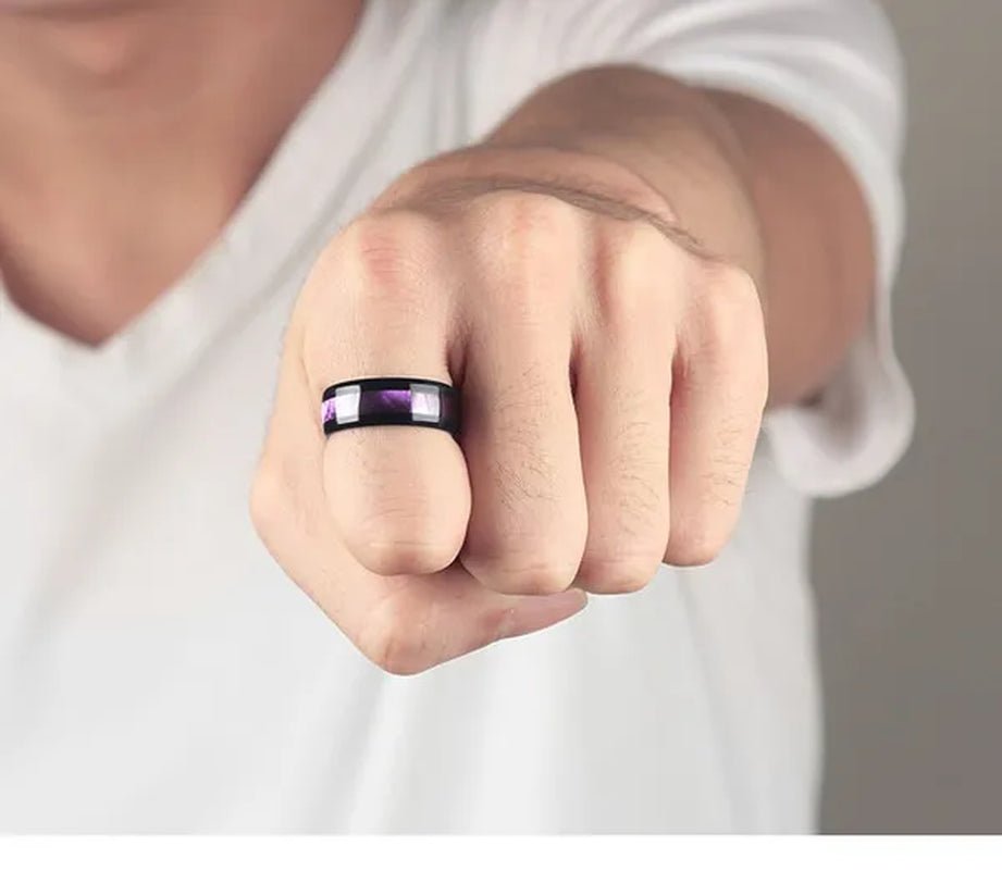 3PCS Amethyst Couple Rings 18k Black Gold Plated Womens Wedding Rings Sets and 8mm Titanium Steel Men Engagement Promise Band Party Ring