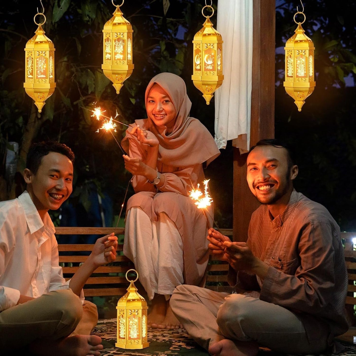 4 Pcs Ramadan Lantern Hanging Hexagon Decorations Ramadan Mubarak Lantern LED Eid Mubarak Lights Kids Gifts for Home Muslim Islam Festival Porch Decor(Electroplated Gold)