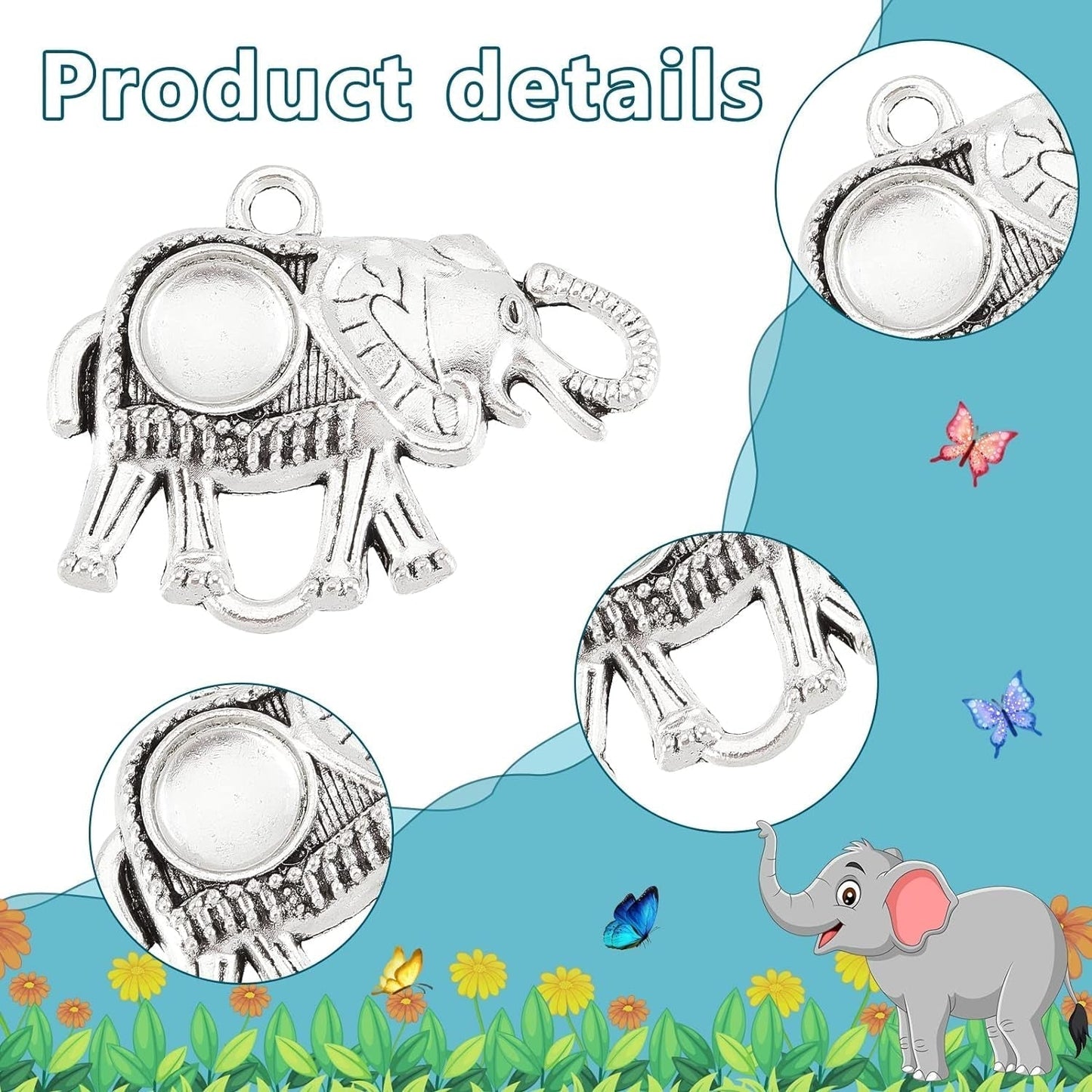 40Pcs Elephant Pendant Trays, 20Pcs Animal Photo Charms Blank Bezel with 20Pcs Transparent Glass Cabochon Dome Tiles Memorial Photo Pendant for Seaside Wedding Graduation Jewelry Making
