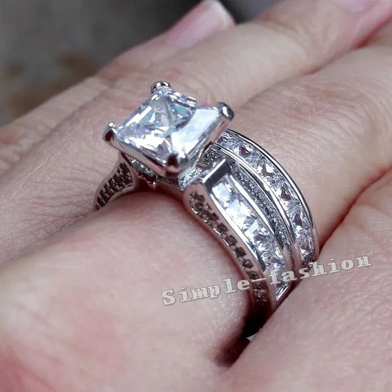 Fashion Women Princess Cut Diamonique White Topaz 925 Sterling Silver Wedding Ring Set Gift
