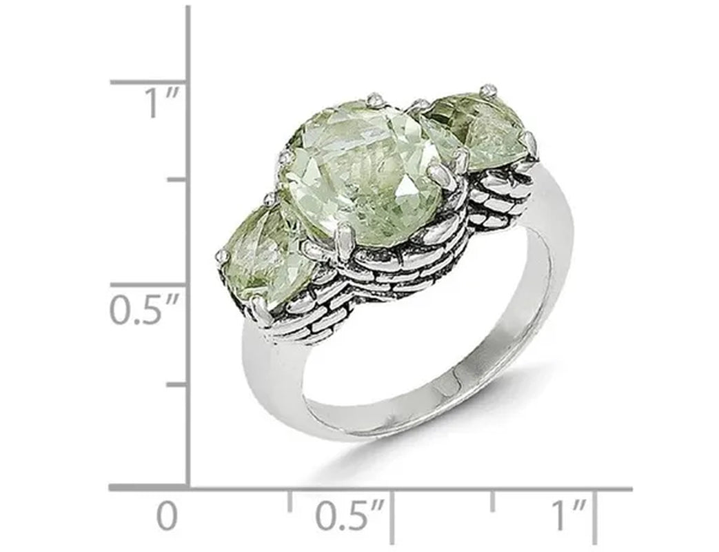 Green Amethyst Three Stone Ring 4.50 Carat (ctw) in Sterling Silver
