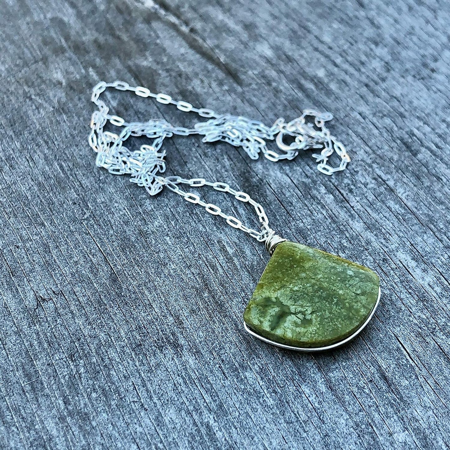 Green Serpentine Stone Pendant Necklace in Sterling Silver - Handmade Dainty Triangle Stone Necklace 18" Chain Length Geometric Delicate Minimalist Jewelry for Women by