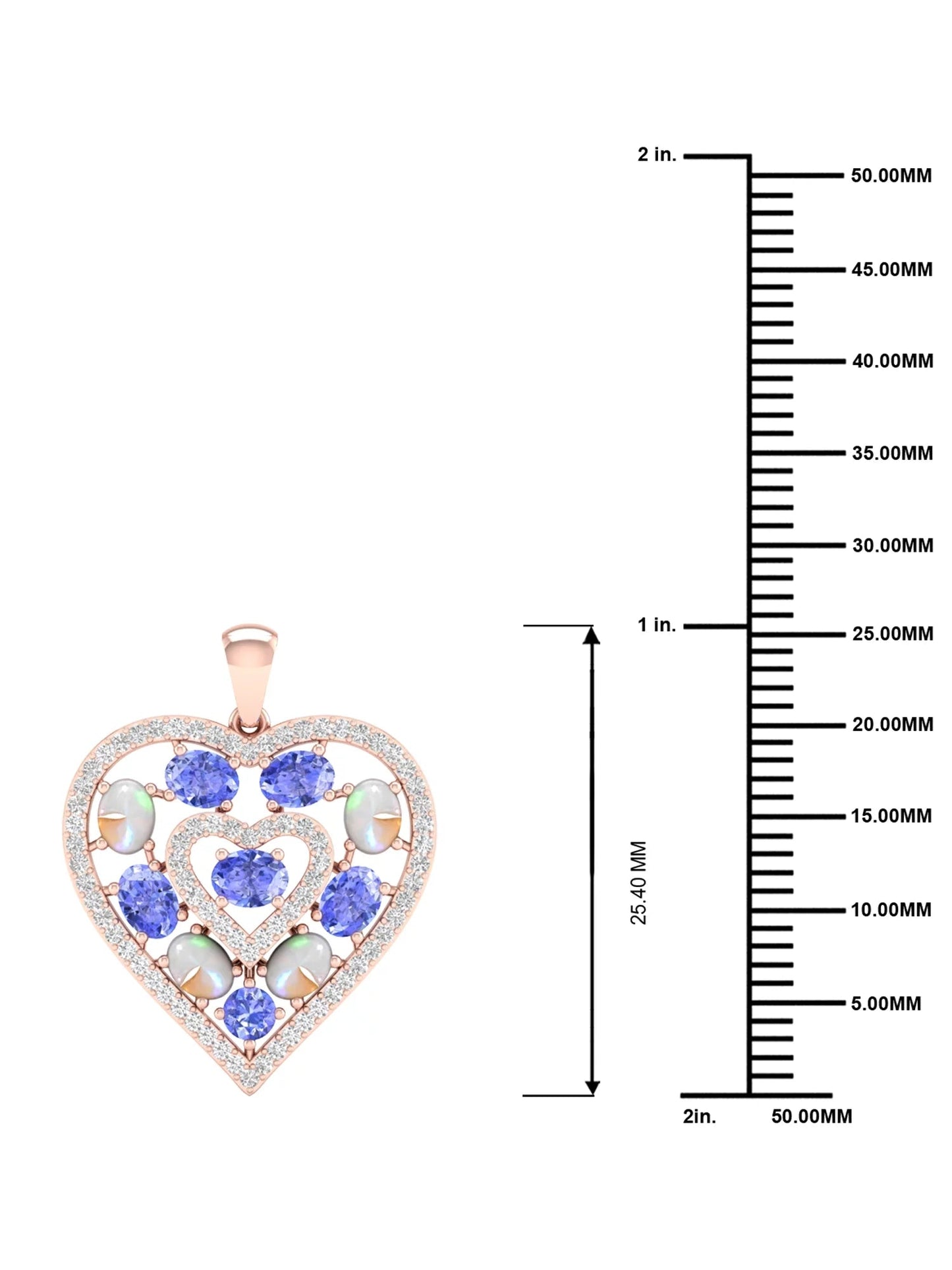Gemstone 10K Rose Gold Oval Cut Ethiopian Opal and Tanzanite 1/4 CT TW Diamond Halo Heart Pendant Necklace