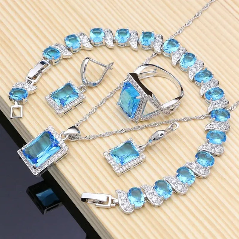 Square Sky Blue Topaz 925 Sterling Silver Jewelry Sets for Women Earrings/Pendant/Necklace/Rings/Bracelet