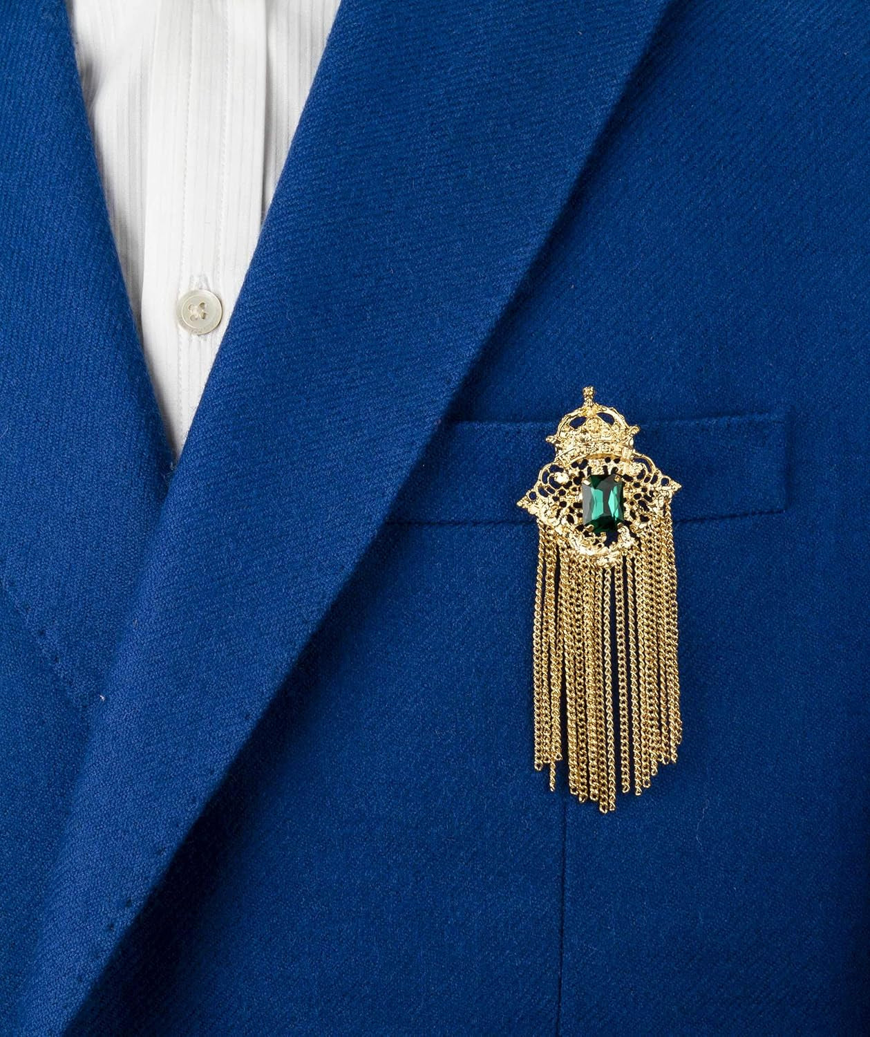 Brooch Pin Crowned Green Stone with Abstract Work and Hanging Chain Lapel Pin Accessories for Men Women