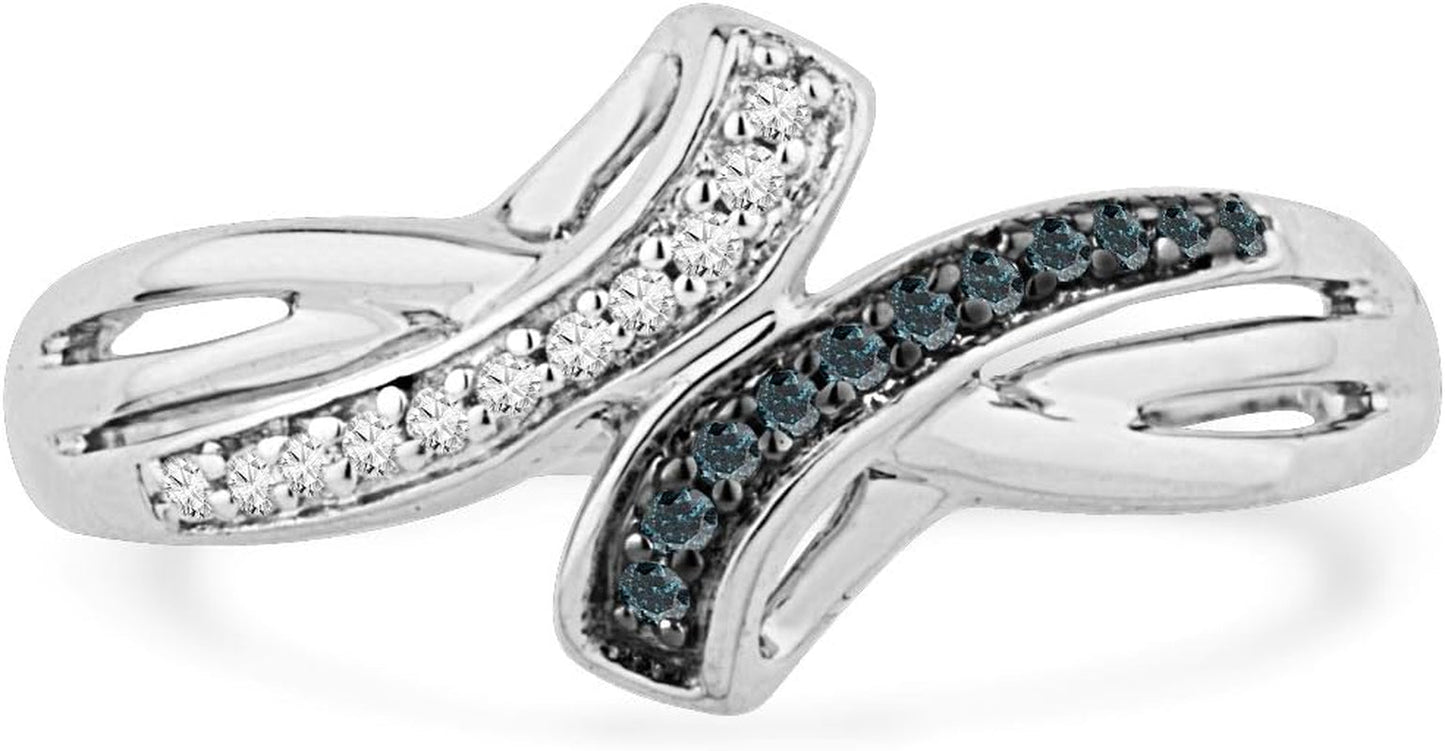 10KT White Gold Blue and White round Diamond Bypass Ring (1/10 Cttw)