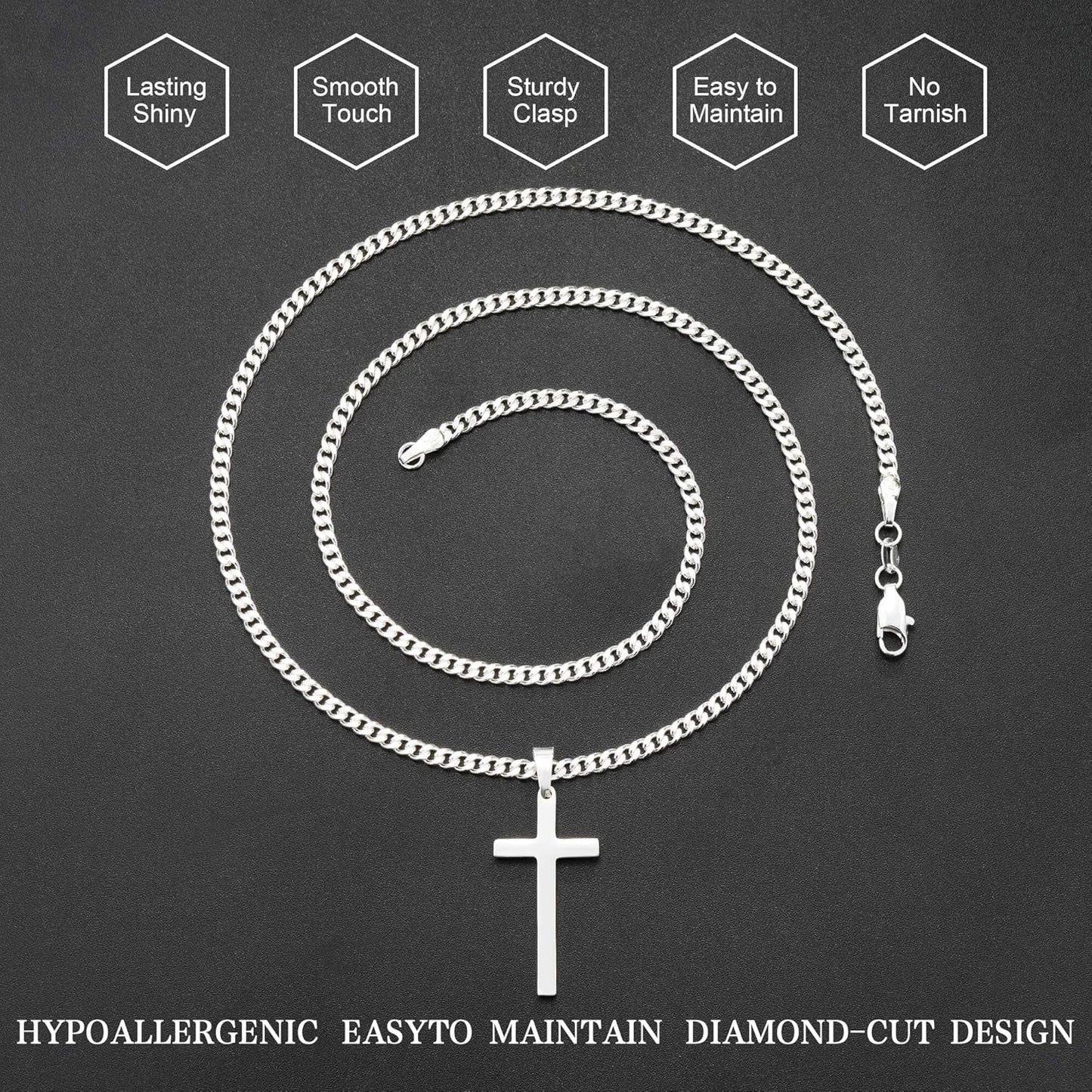 925 Sterling Silver Cross Necklace for Men, 3.5MM Diamond Cut Cuban Link Chain Silver Cross Necklace Christian Gifts for Boyfriend Father Husband