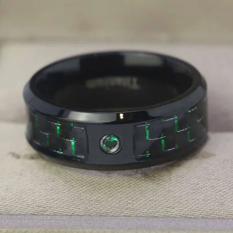 Sz6-12 Couple Rings Green Fiber Cz Titanium Steel Mens Wedding Bands Black Gold Filled Emerald Womens Wedding Ring Sets