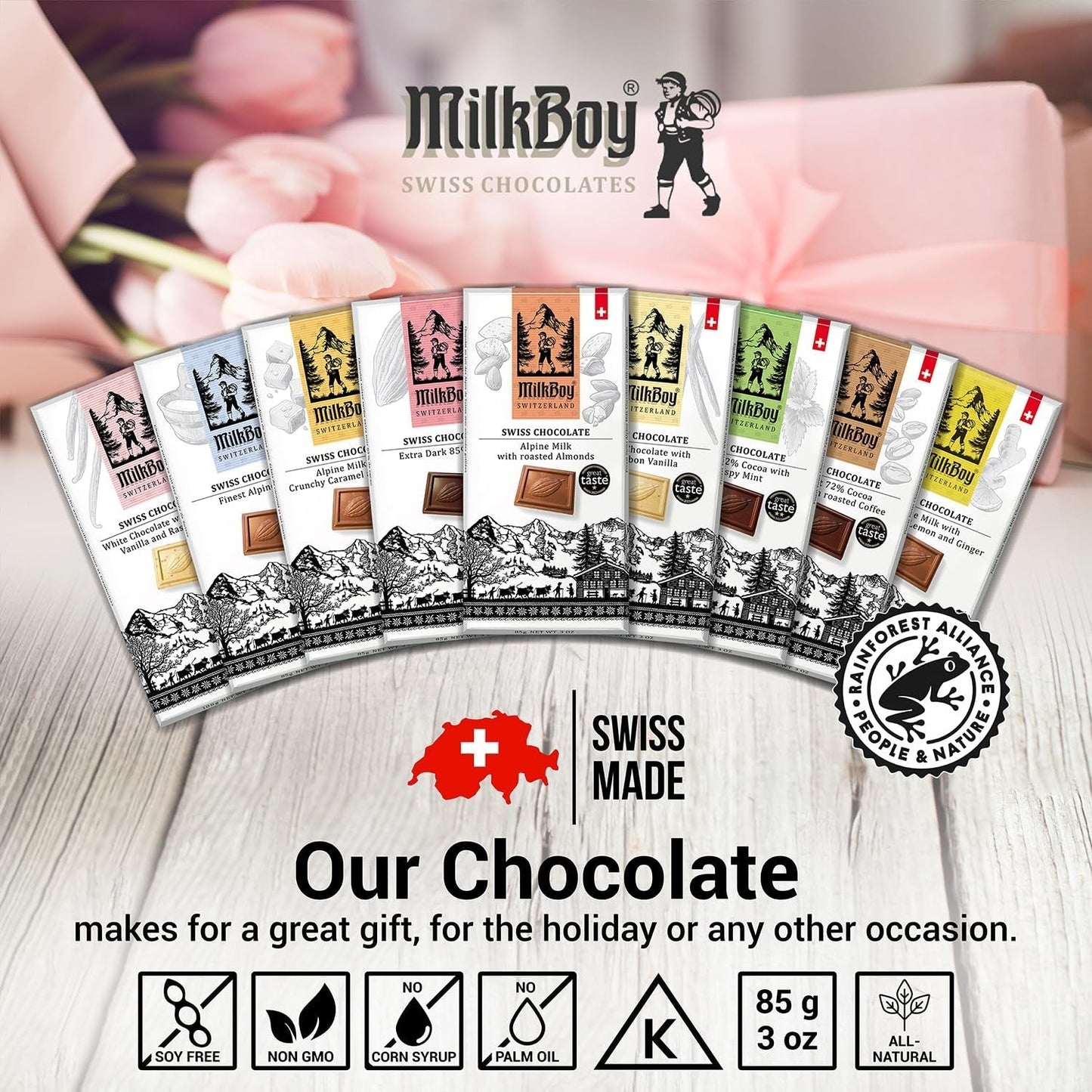 Milkboy Swiss Chocolate Bars - Premium Swiss Alpine Milk Chocolate - Smooth European Milk Chocolates Gift - Sustainably Farmed Cocoa - Gluten Free - 3 Oz, Pack 2