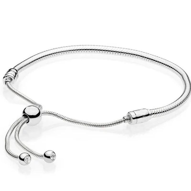 NEW Fashion 925 Sterling Silver Adjustable Size Flashing sided Heart Snake Chain Bracelet For European Bangle Bracelet Jewelery Making DIY