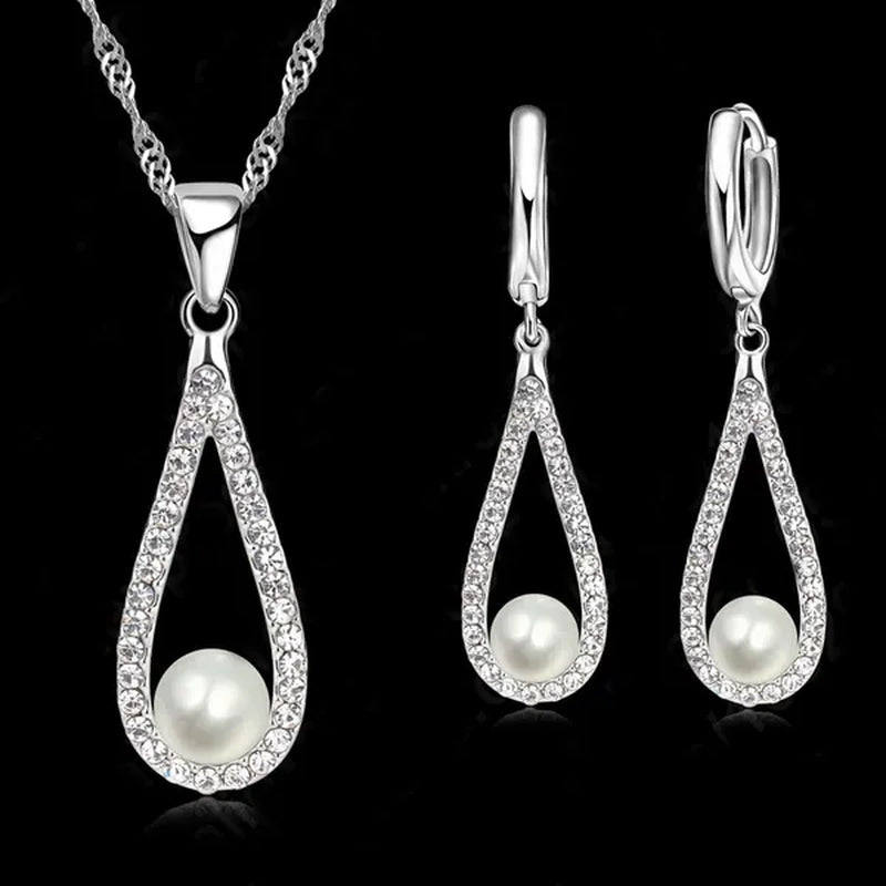 Pure 925 Sterling Silver Shiny CZ Crystal Water Drop Pearl Necklaces for Woman Fine Jewelry Wedding Earring Set Gift