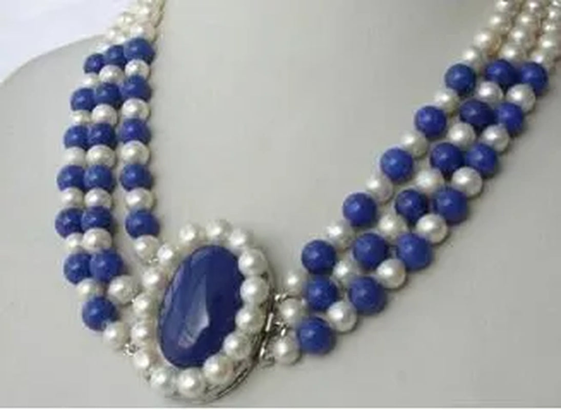Freshwater Pearl White round &Lapis Lazuli Necklace