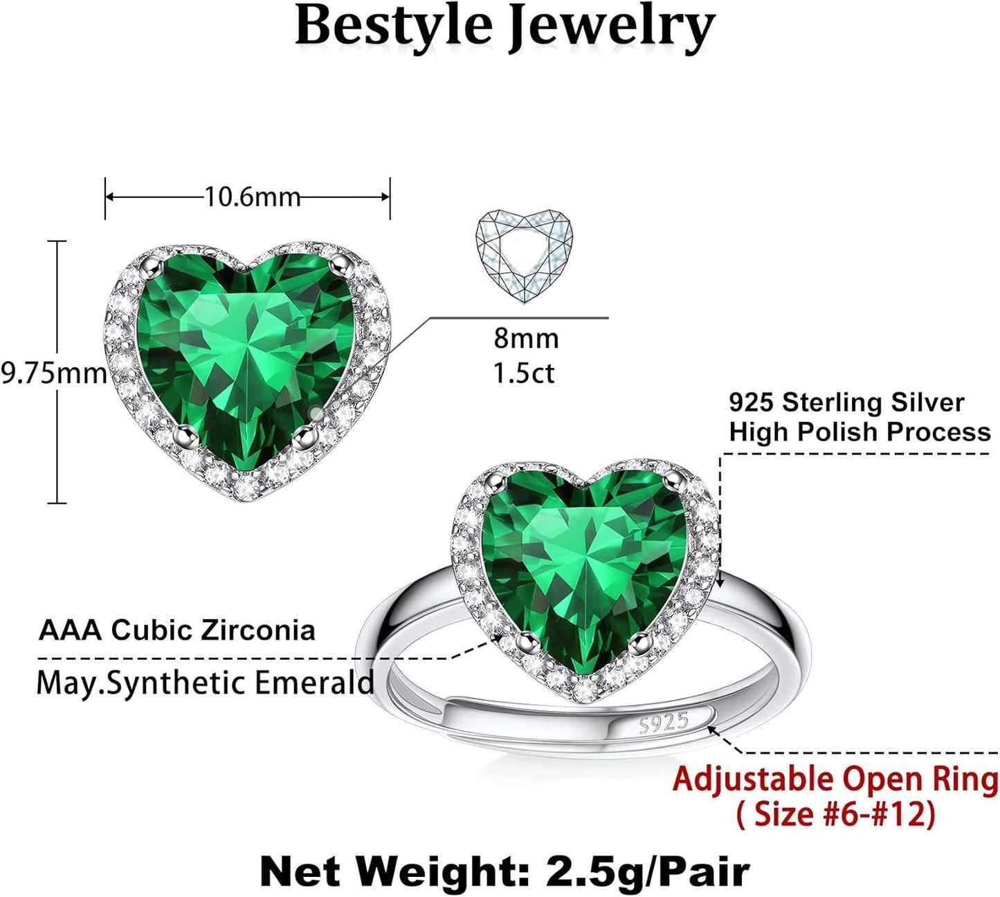 925 Sterling Silver Birthstone Rings for Women Girls with Clear 2Ct Heart/Round/Teardrop/Square Crystal, Solitaire Diamond Halo Open Bands Cubic Zirconia Rings Adjustable Size#6-#12