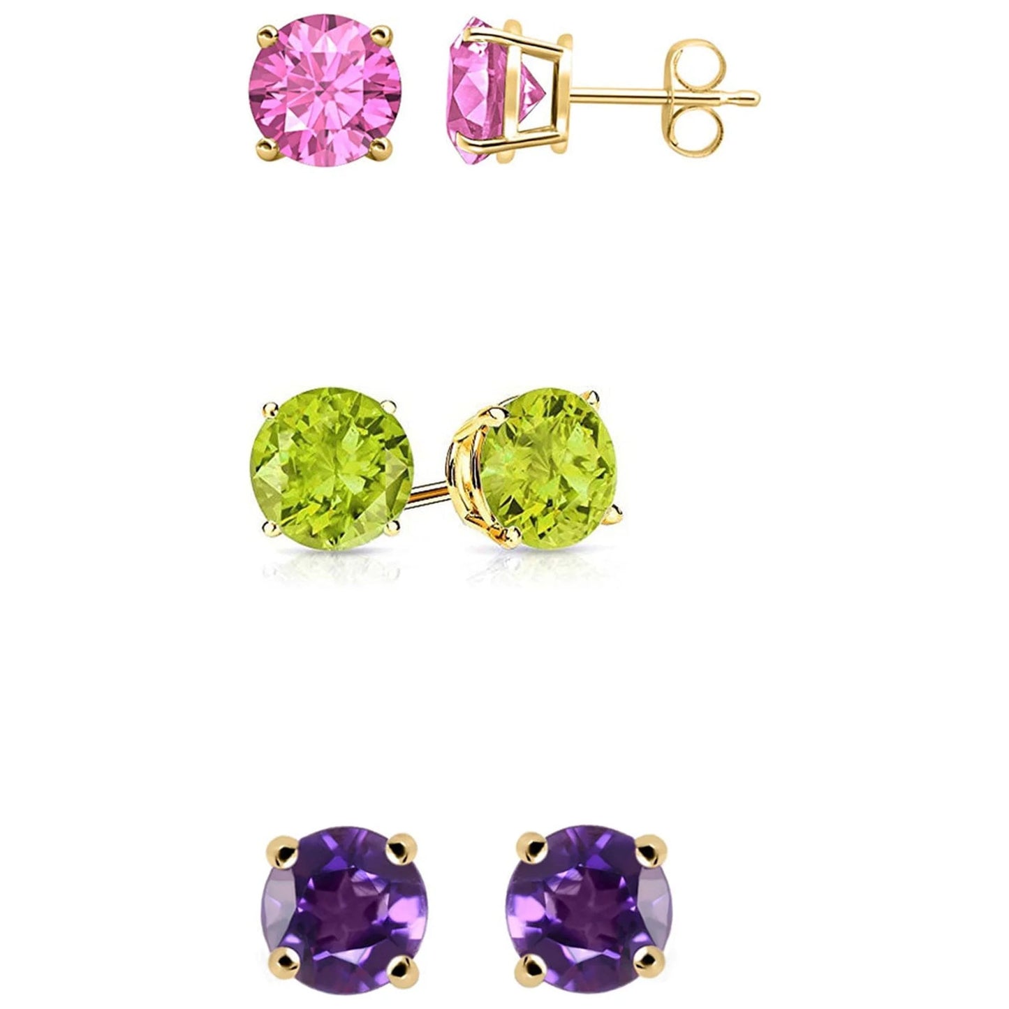 Men|Women 14K Yellow Gold Plated 3Ct Created Pink Sapphire, Peridot and Amethyst 3 Pair round Stud Earrings