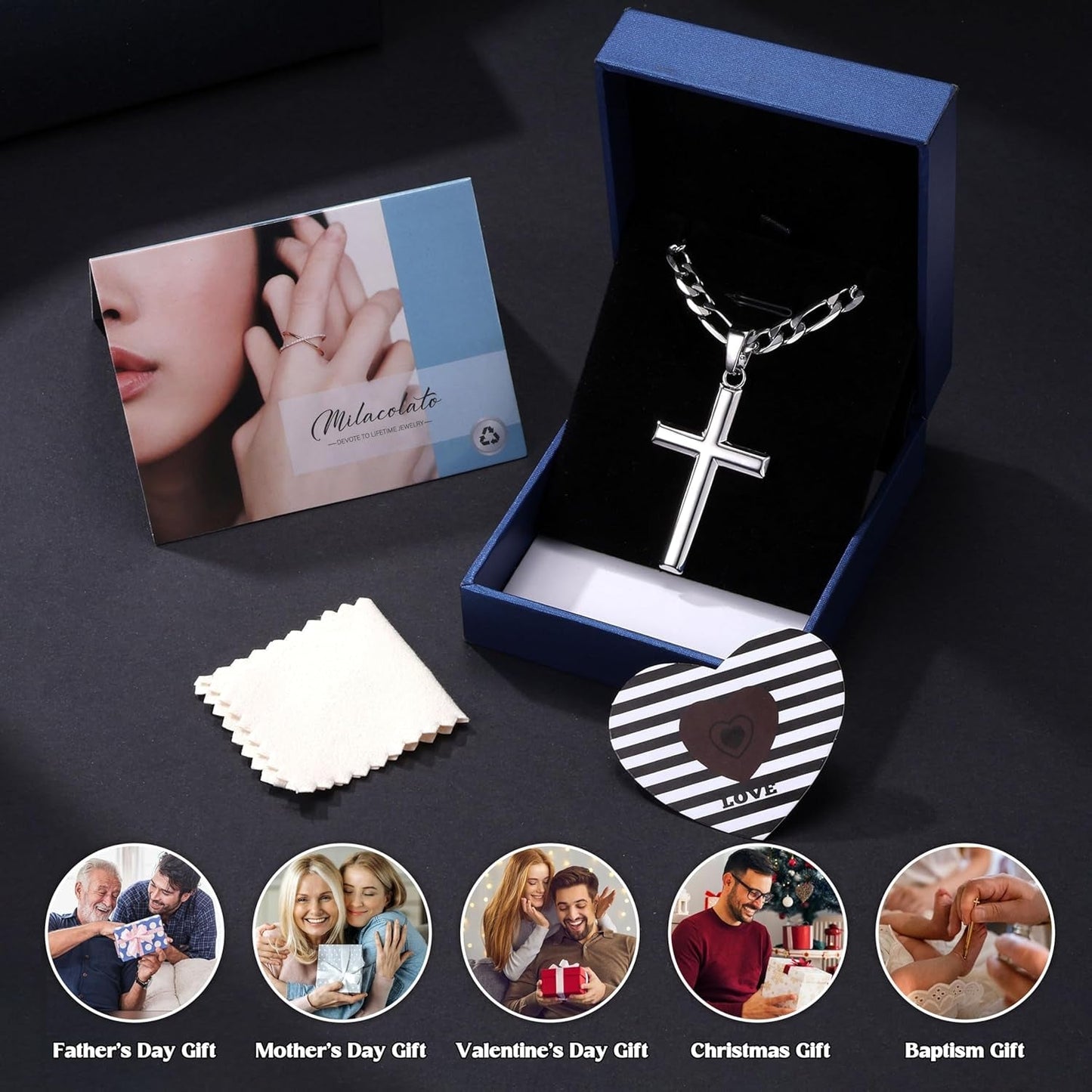 925 Sterling Silver Cross Necklace for Men Women - 5Mm Durable 316L Stainless Steel Figaro Link Chain with Beveled Edge Cross Pendant, Silver Crucifix Necklaces Jewelry, 16-30'' Christian Baptism Gift