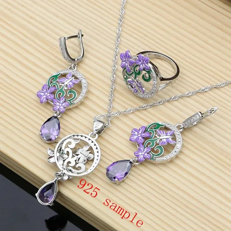 Purple Amethyst Silver 925 Jewelry Sets Charm Enamel Butterfly Flower Earrings Women Handmade Decoration Jewellry
