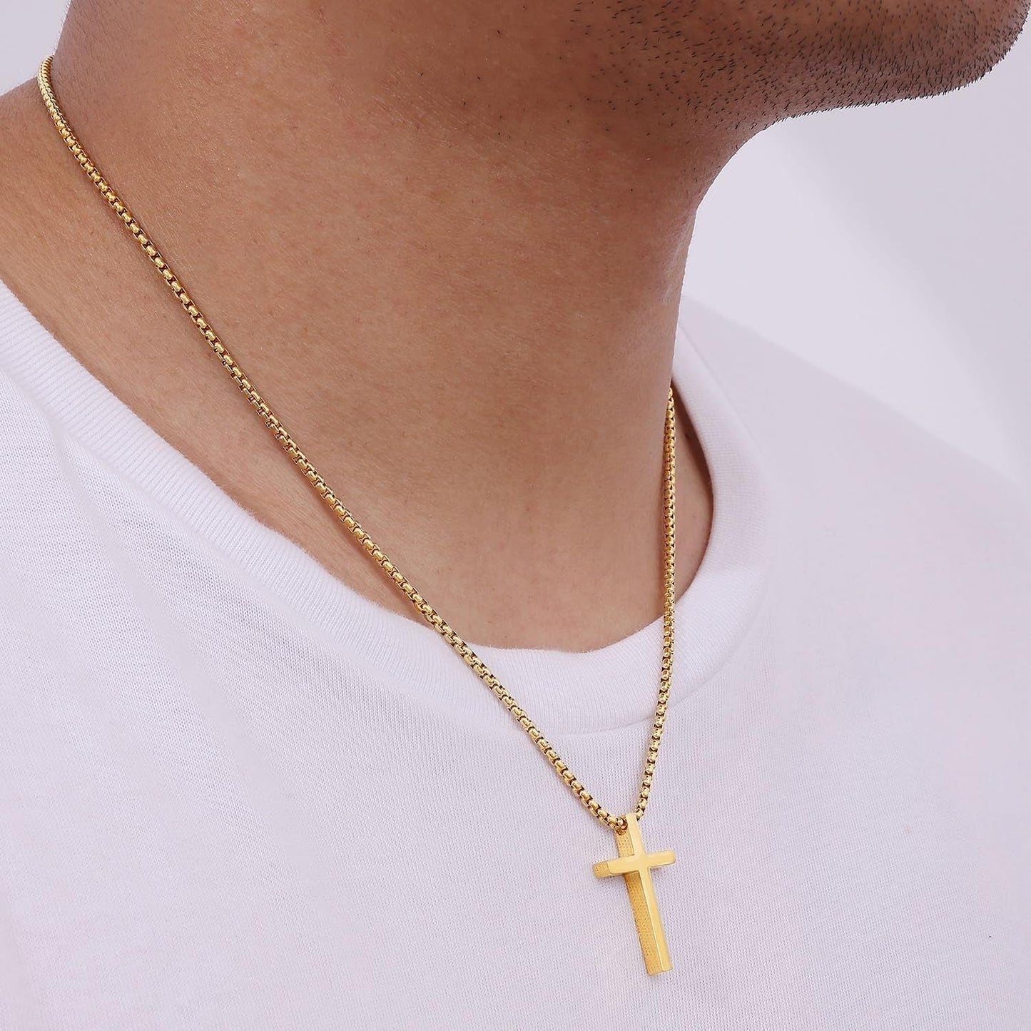 Valentines Gifts for Him - Cross Necklace for Men, Silver/Gold/Black Mens Cross Necklaces with 2.5Mm Cross Chain and Stainless Steel Cross Pendant, Box Chain 16-24 Inch, Jewelry Gift