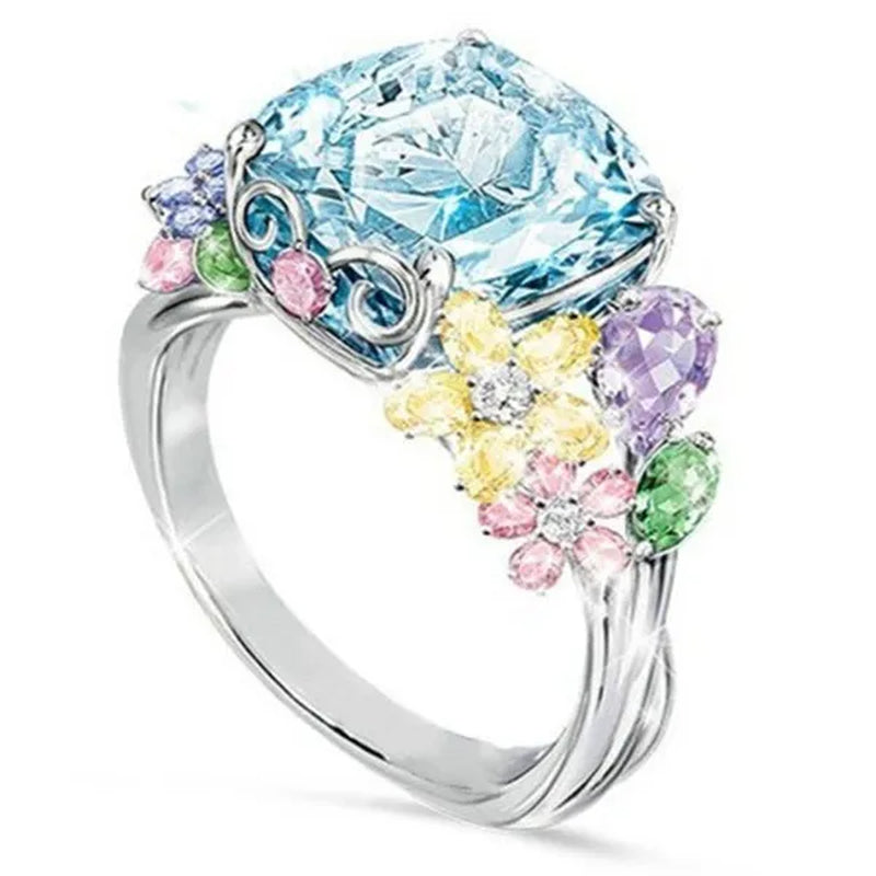 Unique Flower Silver Multicolor Gemstone Aquamarine Square Princess Ring Woman Engagement Ring Anniversary Statement Natural Gemstones Pink Sapphire Ring