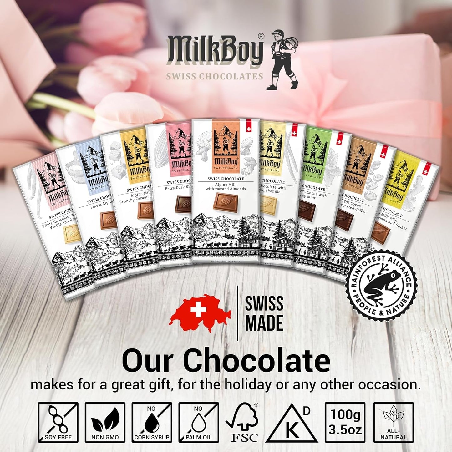 Milkboy Swiss Chocolate Bars - Premium Swiss Alpine Milk Chocolate - Smooth European Milk Chocolates Gift - Sustainably Farmed Cocoa - Gluten Free - 3.5 Oz