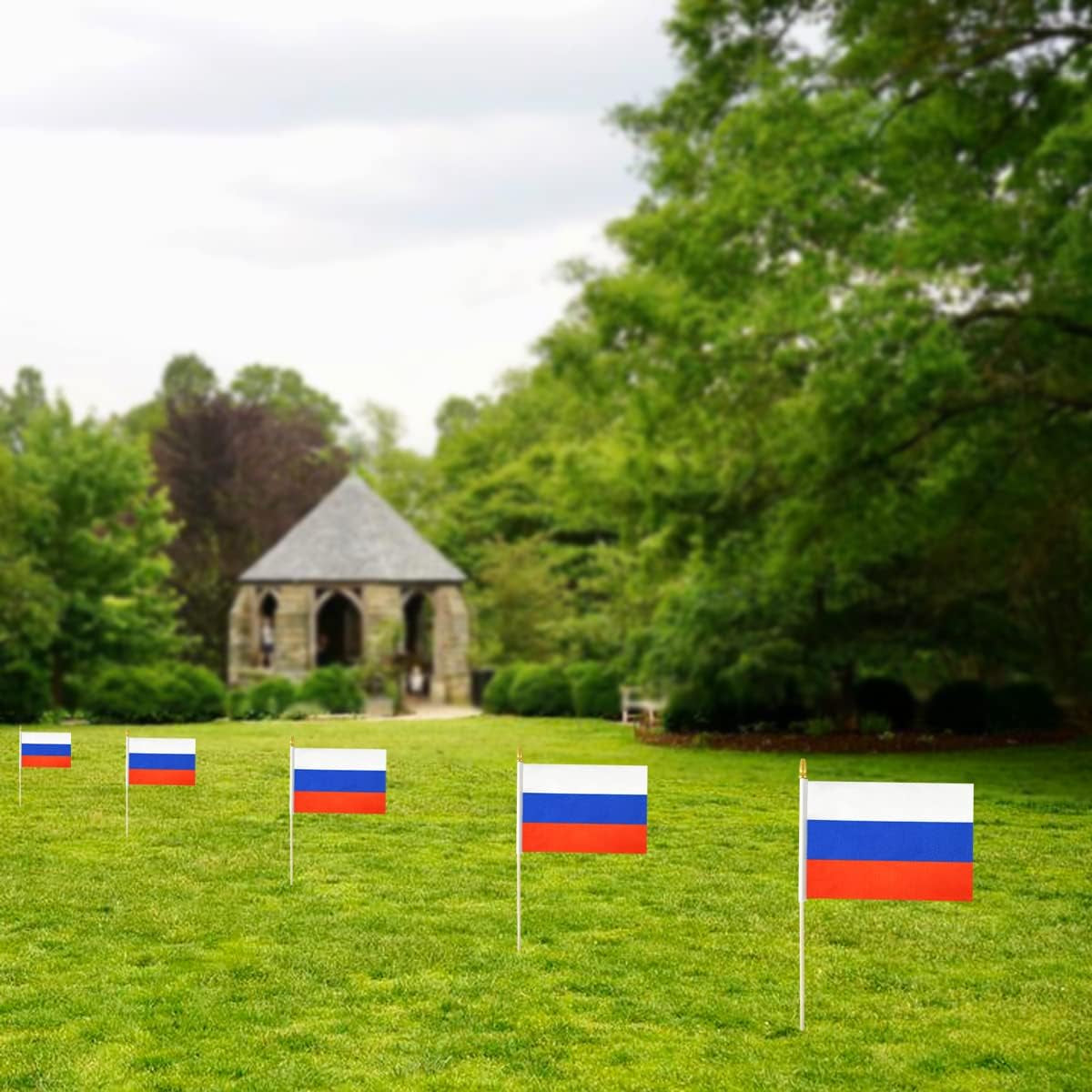 Russia Small Flag Russian Stick Mini Hand Held Flags - Solid Wooden Pole with Spear Top, 12 Pack