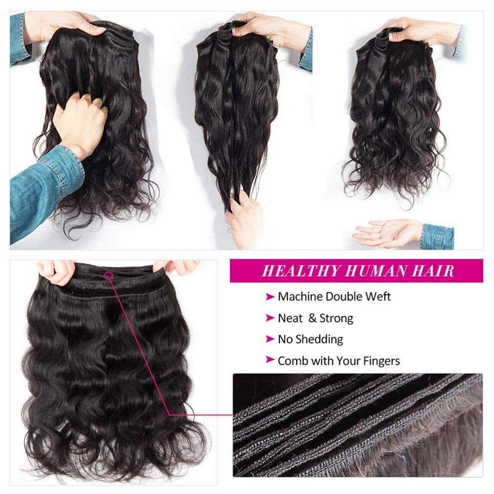 Beauty Princess Body Wave Human Hair 3 Bundles with Closure Double Weft 10A Brazilian Hair Bundles with Closure (14/16/18+12Inch, 3 Bundles with Closure)