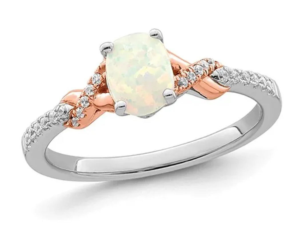 3/4 Carat (Ctw) Opal Ring in 14K White and Rose Pink Gold with Accent Diamonds