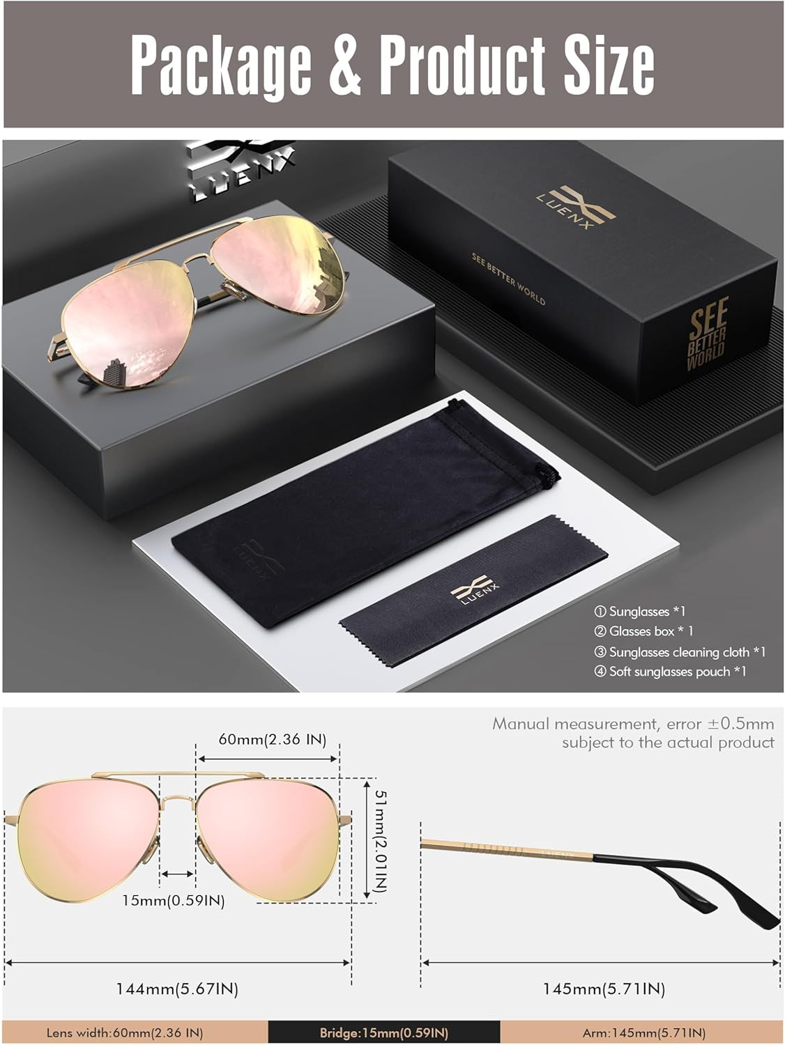 Aviator Sunglasses for Men Women Polarized Driving Classic Shades - UV 400 Protection with Accessories 60MM