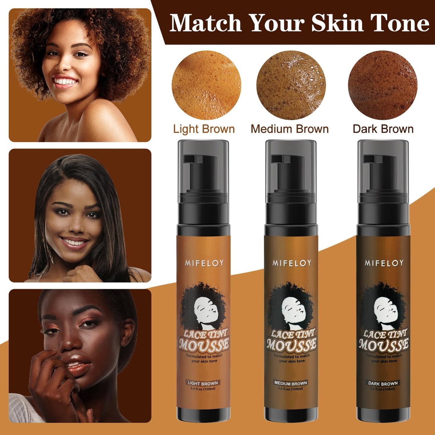 Women'S Hair Mousse Foam 3.4 Fl Oz, Mocha Medium Brown, Natural Finishing Edge Control Lace Spray Glue for Lace Front Wigs, Toupees and Hair Pieces, Bold Hold Set