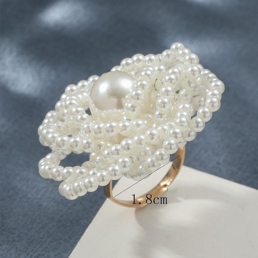 Pearl Ball Flower Statement Ring for Women Girls Gold Tone Handmade Adjustable Expandable Artificial Pearls Bead Cluster Open Wrap Finger Rings Comfort Fit Fashion Wedding Christmas Theme Party Jewelry Gift