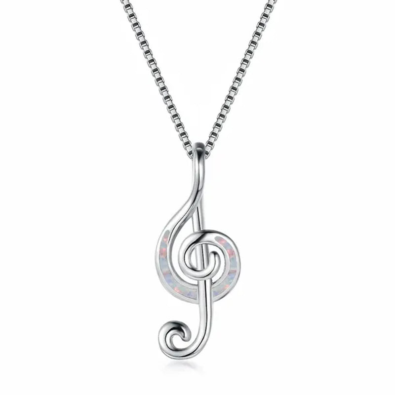 925 Sterling Silver White Blue Fire Opal Music Note Pendant Necklaces for Women Christmas Gifts Jewelry