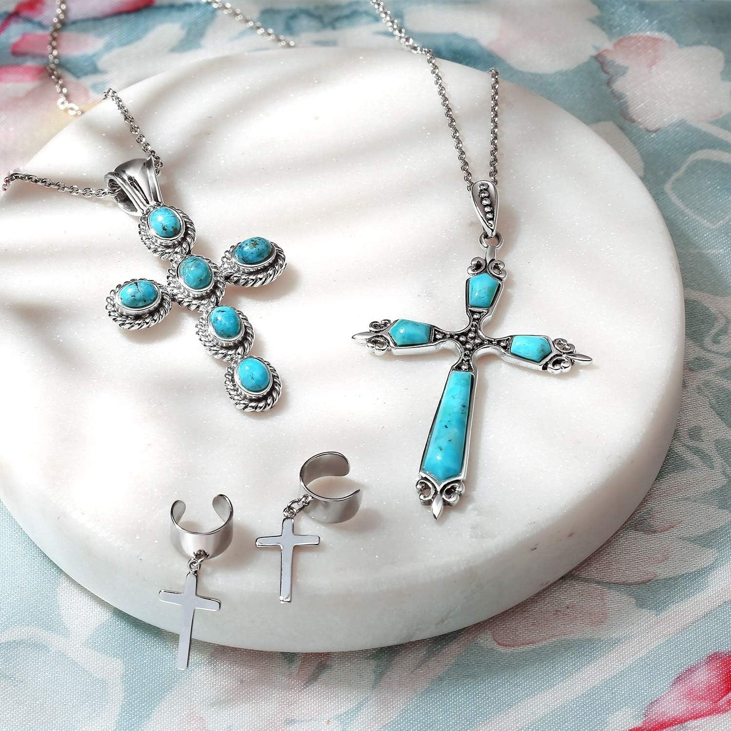 South Western Style Stabilized Turquoise Rope Bezel Set Cross Pendant Necklace for Women .925 Sterling Silver More Colors