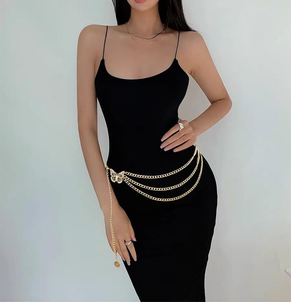 Women Long Tassel Waist Chain Belt Multilayer Body Belly Chain Metal Gold Silver Waist Chain Belt for Women Dress