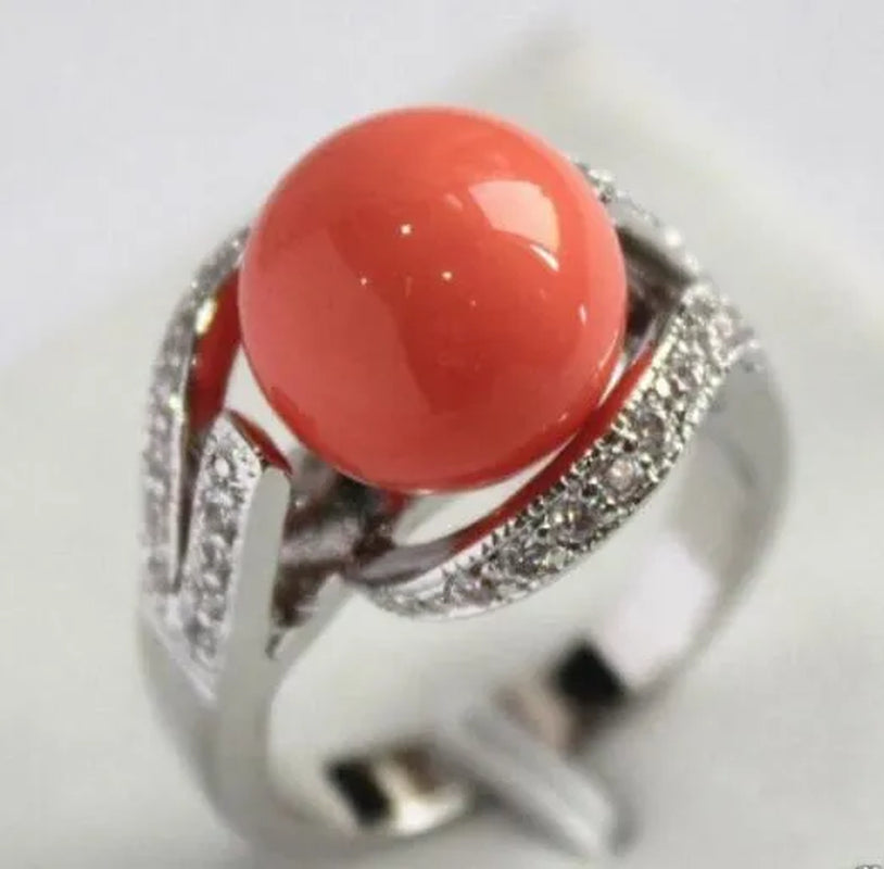 New 12Mm Real Coral Pink South Sea Shell Pearl Ring 925 Stam Size 6/7/8/9# Lady'S Wedding Jewelry Rings