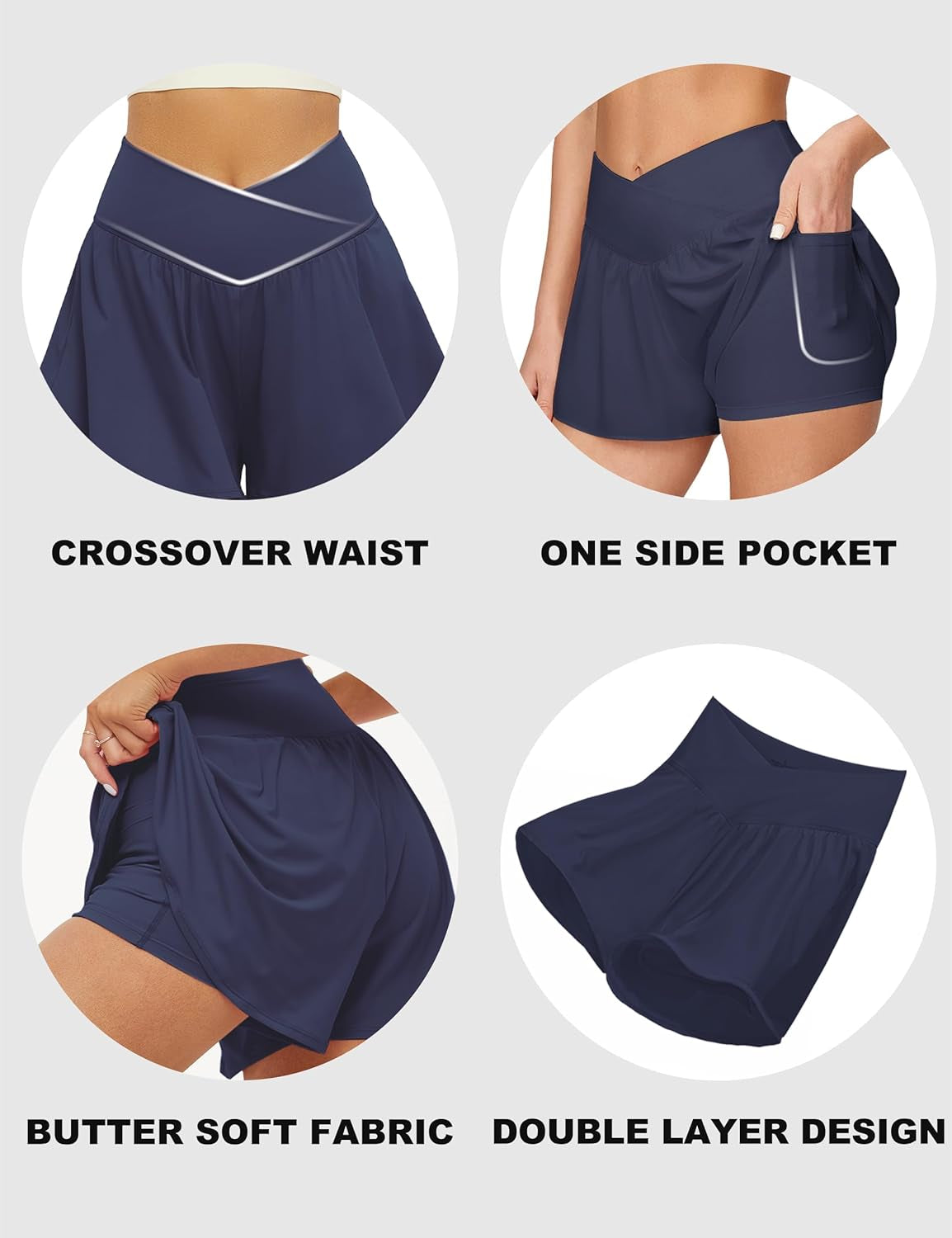 Crossover Athletic Shorts for Women 2 in 1 Flowy Running Shorts with Pockets Spandex Butterfly Workout Tennis Skorts