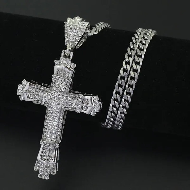 Fashion 24K Gold 925 Silver Cross Diamond Pendant Men's Punk Jewelry Rhinestone Religious Pendant Necklace