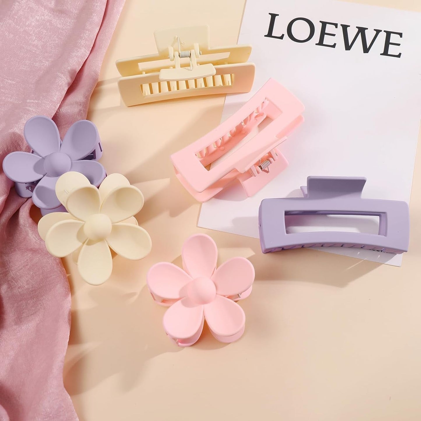 6 Pack 4.1 Inche Large Rectangle Hair Claw Clips Matte Flower Hair Clips, for Women Thin Thick Curly Hair, Cute Pink, Purple Hair Clips