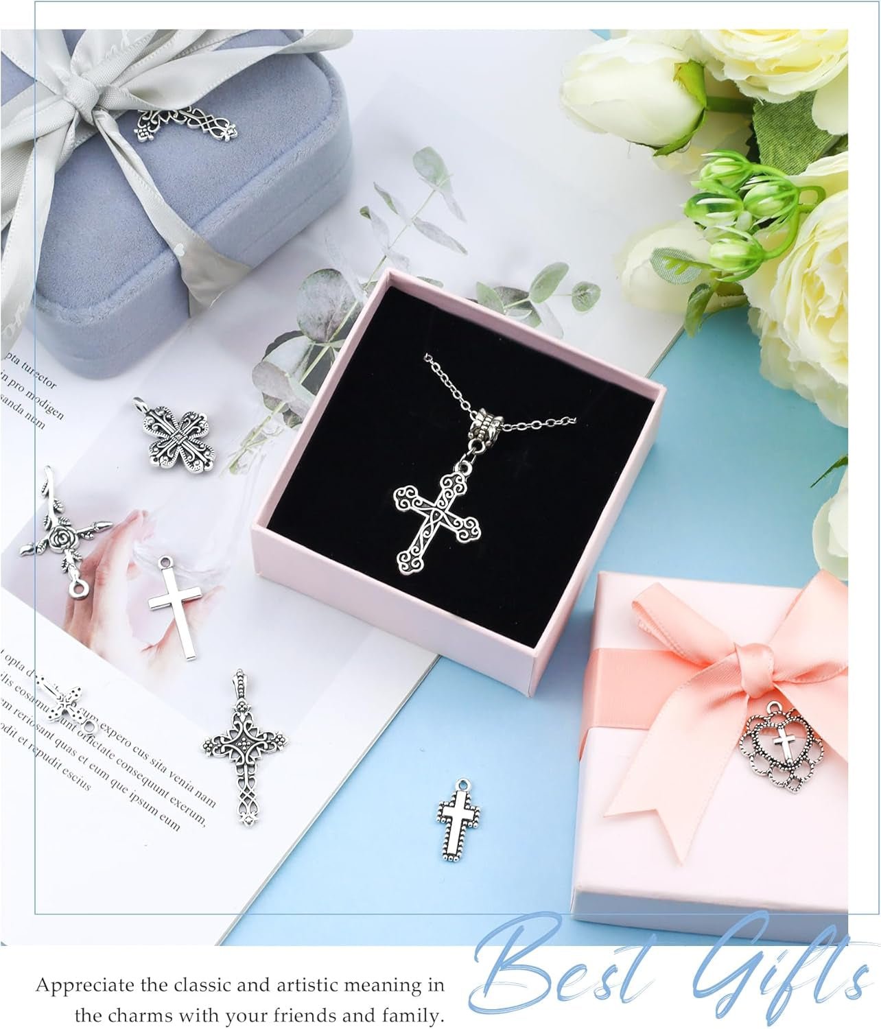 60 Pcs Antique Silver Cross Charms, Alloy Crucifix Pendant Connector for Bracelet Earrings Necklace Jewelry Making (15 Styles)