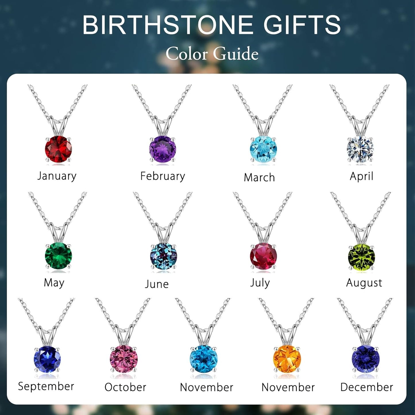 Birthstone Necklace for Women Mom Wife, 1Ct Sparkle round Cut Birthstone Pendant 18K White Yellow Rose Gold Plated 925 Sterling Silver Birthstone Gifts for Women Mom Wife Friend