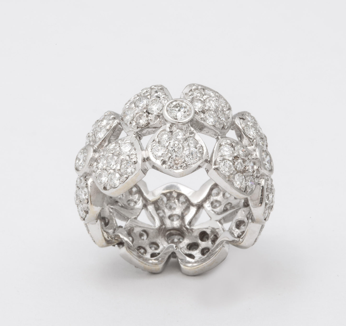 Wide Diamond Flower Band Ring 18k White Gold 3.58ctw Diamonds