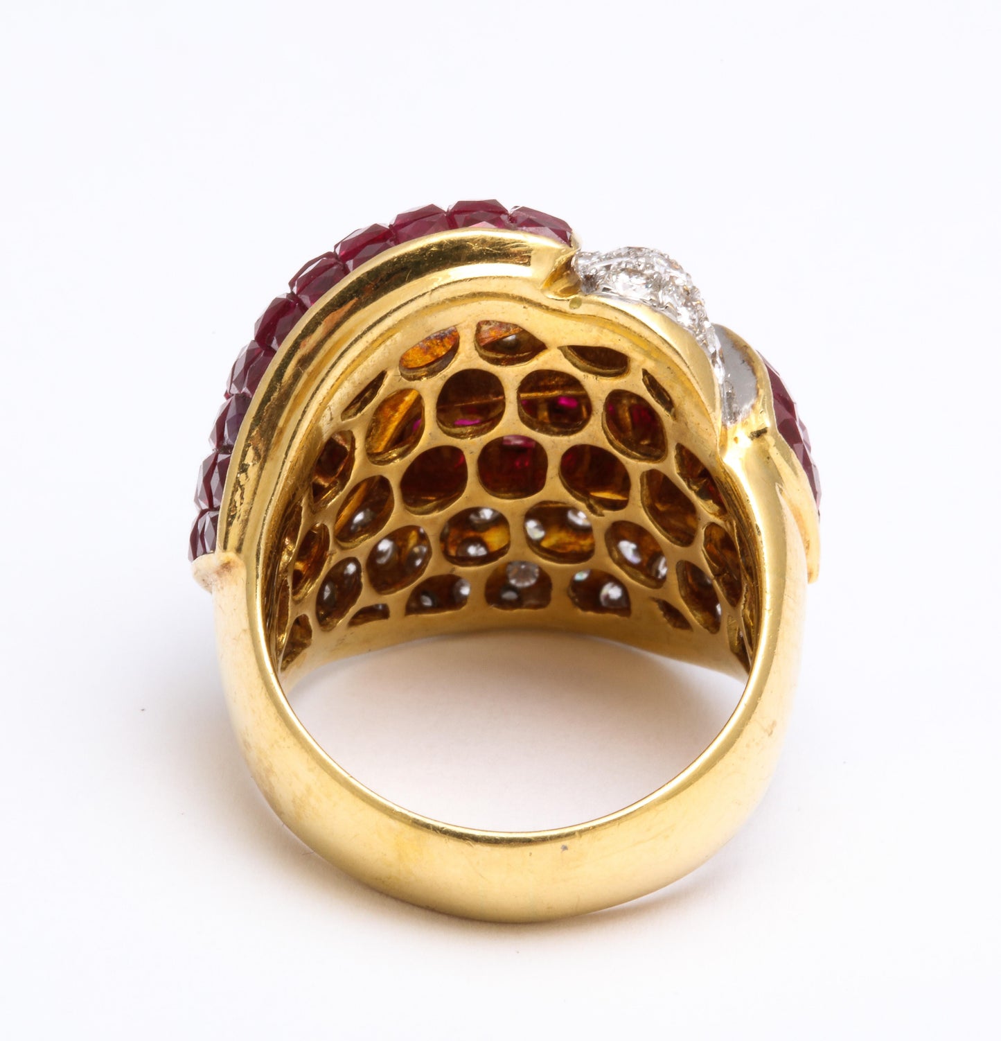 Mystery Set Ruby and Diamond 18k Yellow Gold Bombe Ring