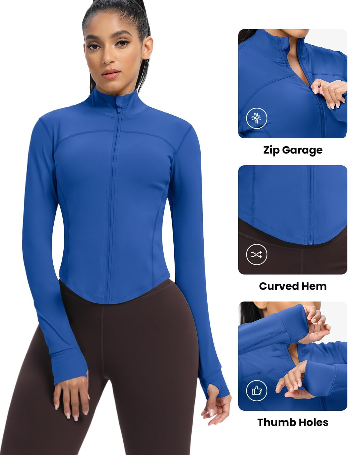 Women'S Cropped Running Workout Jackets Zip Slim Fit Athletic Tops with Thumb Holes