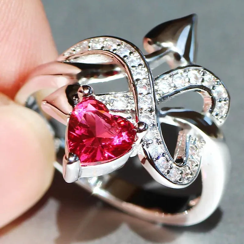 Eros Ring Silver Natural Gemstones White Sapphire & Ruby Wedding Birthstone Bride Engagement Multilevel Heart Cross Ring Jewelry Size 6 7 8 9 10
