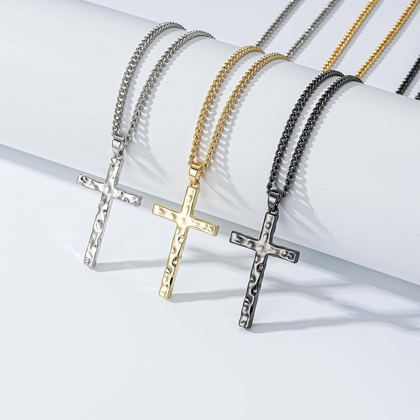 Cross Necklace for Men Boys - Hammered Cross Pendant with Cuban Chain Unique Crucifix Necklaces Christmas Christian Religious Jewelry Gifts 22+2 Inches