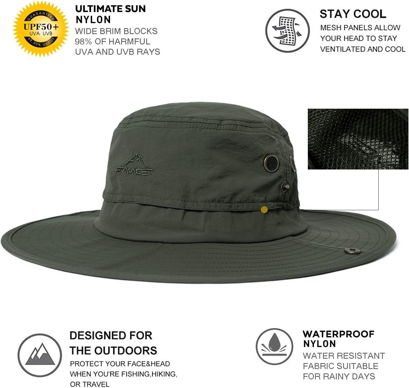Oversize XL XXL Large Wide Brim Waterproof UPF 50+ Bucket Sun Summer Travel Fishing Hiking Fisherman Hat Detachable Chin